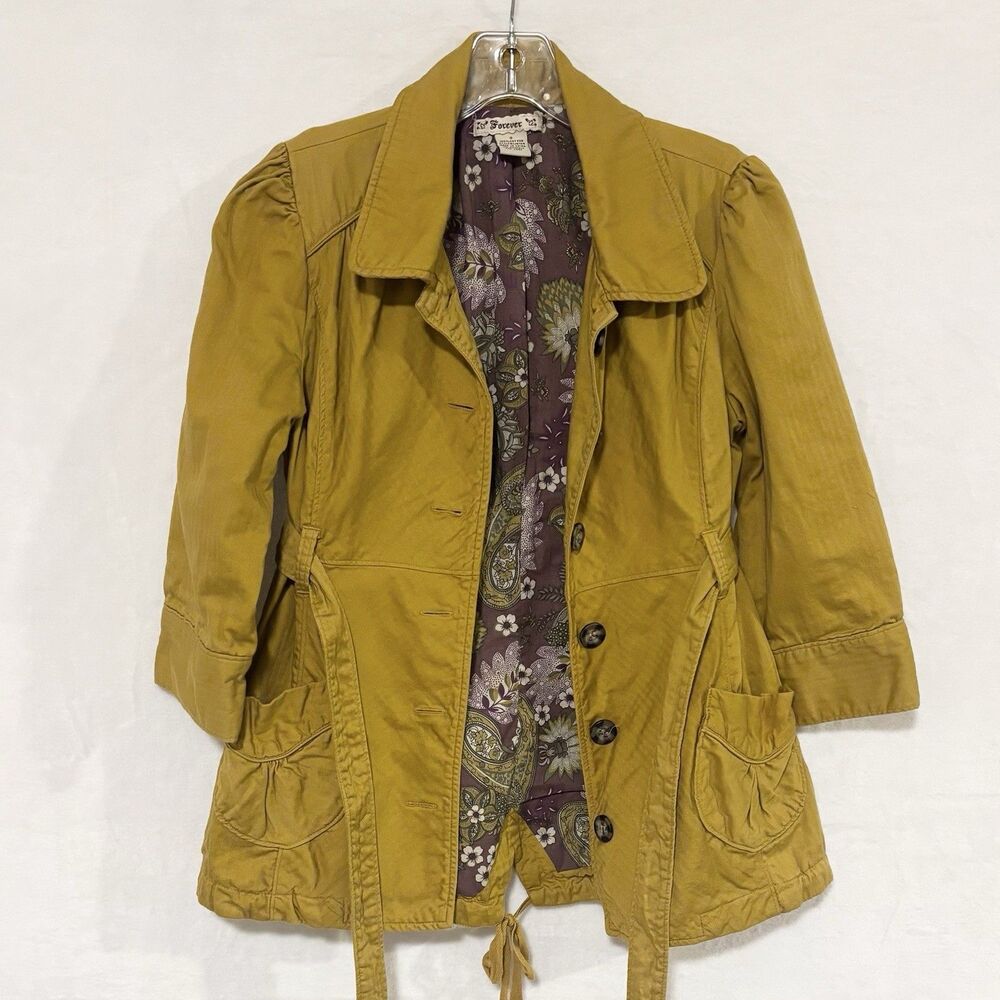 Y2K Boho Utility Jacket Mustard Yellow Belted Trench Retro Paisley Lined S